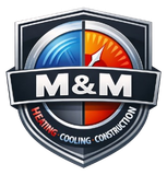 Logo for M&M Heating, Cooling, and Construction featuring a shield icon with a temperature gauge, colored blue and orange.