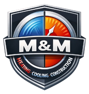 Logo for M&M Heating, Cooling, and Construction featuring a shield icon with a temperature gauge, colored blue and orange.