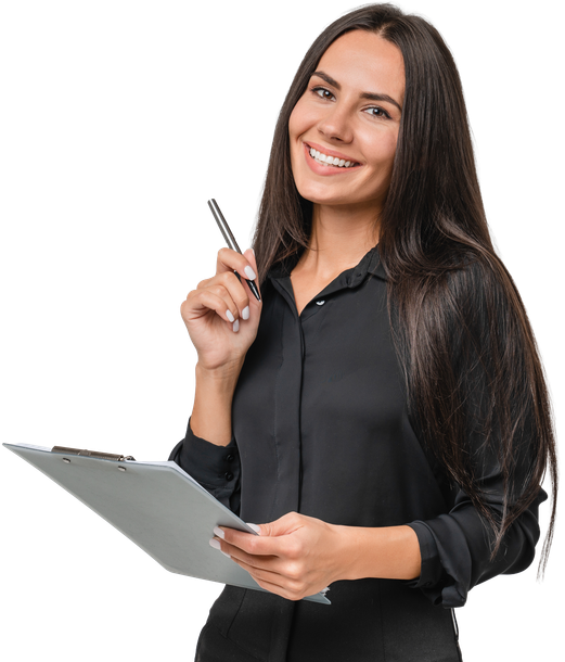 Woman with long dark hair, smiling, holding clipboard and pen.