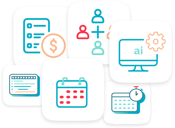 A collection of icons in blue and orange representing business processes: finance, team management, AI, and scheduling.