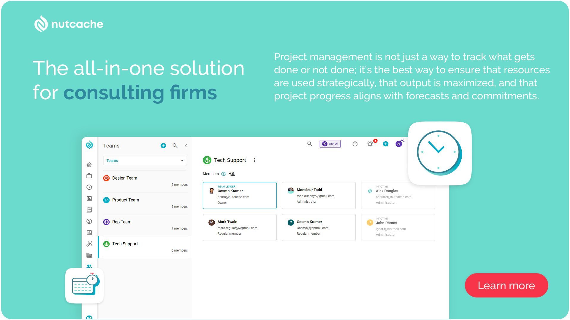 A turquoise promotional graphic for consulting software featuring a project management dashboard and a red CTA button.