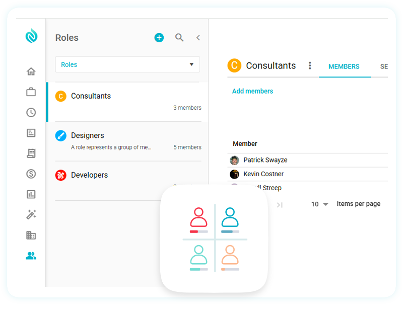 Dashboard showing a list of project roles like Consultants, Designers, and Developers with an overlay showing team icons.