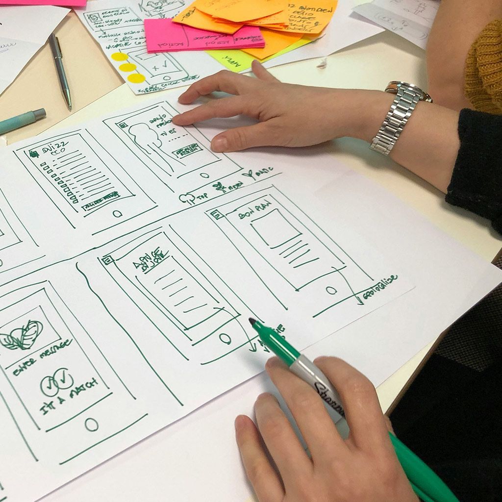 Hands working on paper sketches of mobile app user interface layouts with a green marker and sticky notes nearby.