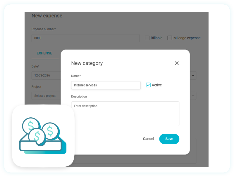 A modal window for creating a new category, with fields for the name and a description, plus an active toggle switch.