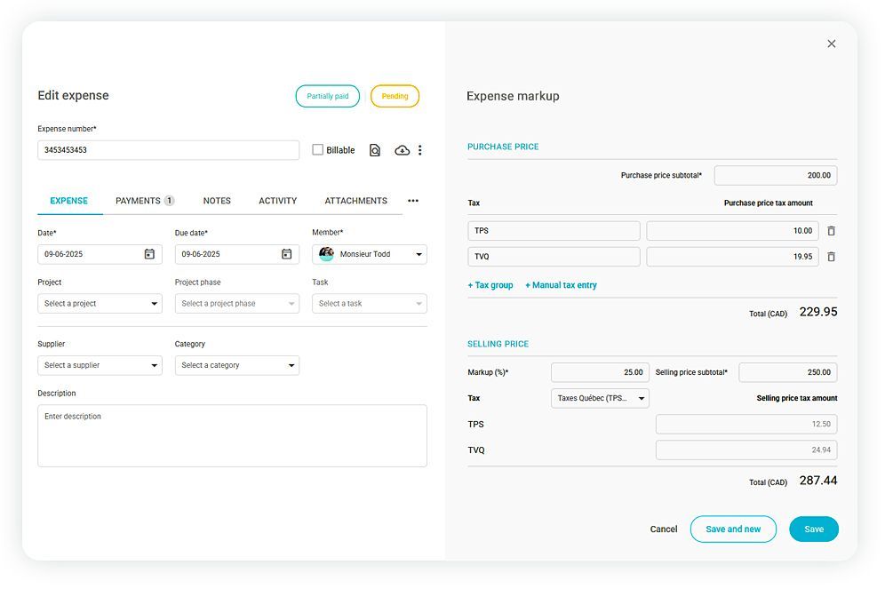 A modal window for adding an expense, featuring fields for expense details, dates, categories, and total amount.