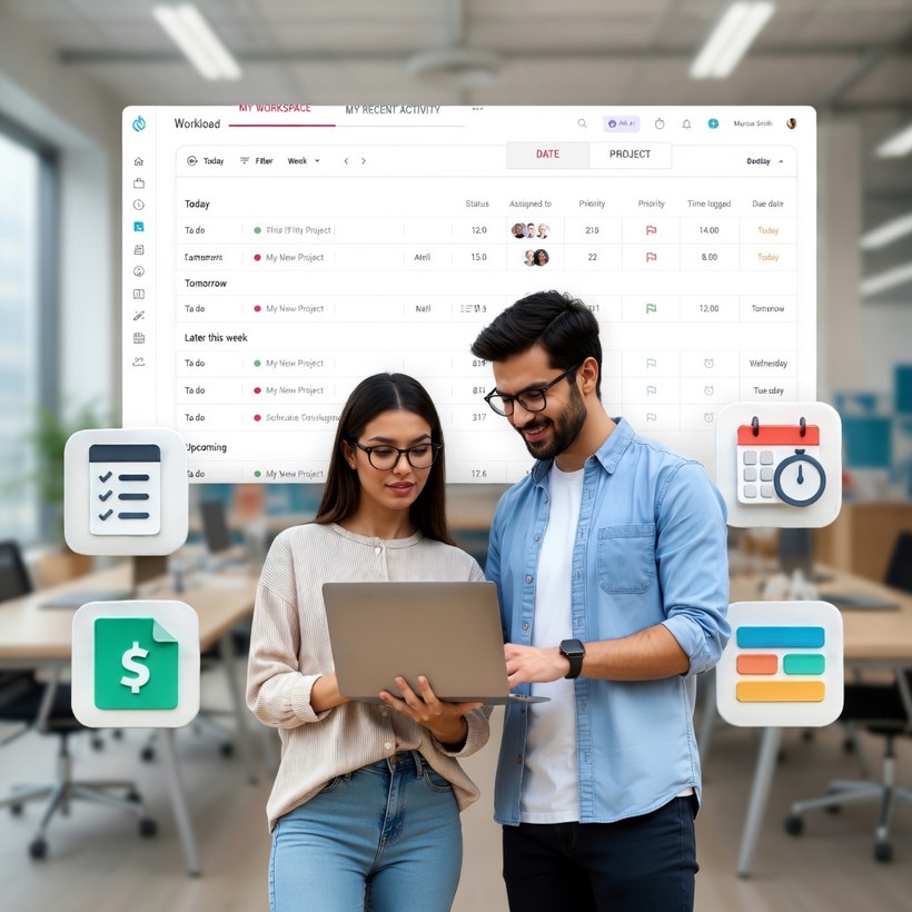 A woman and man collaborate on a laptop in an office, overlaid with a digital task dashboard and various business icons.