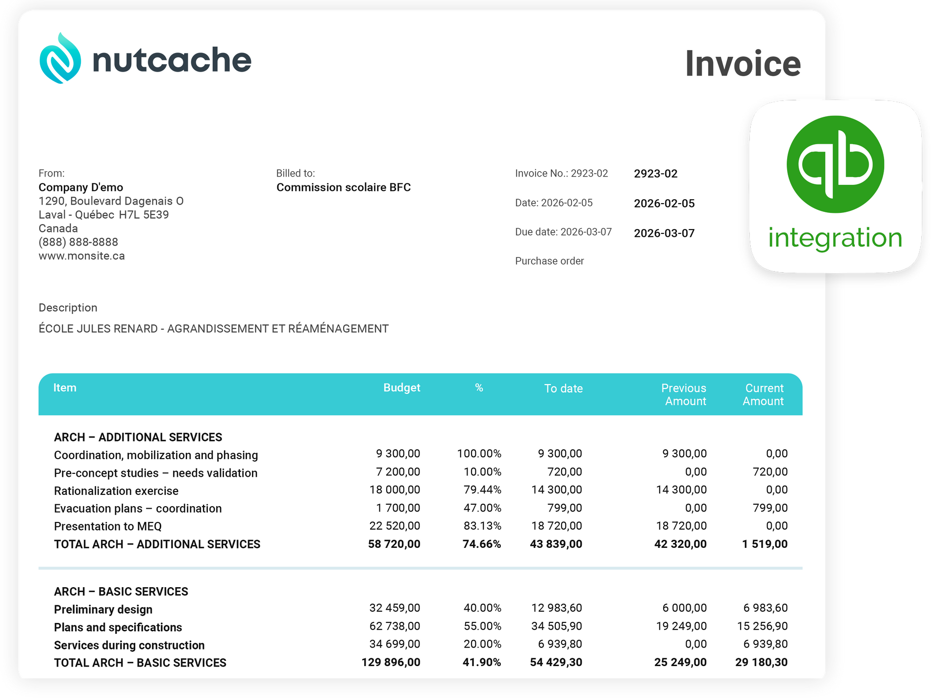 A Nutcache invoice with a QuickBooks integration icon in the corner, showing a detailed breakdown of costs and services.