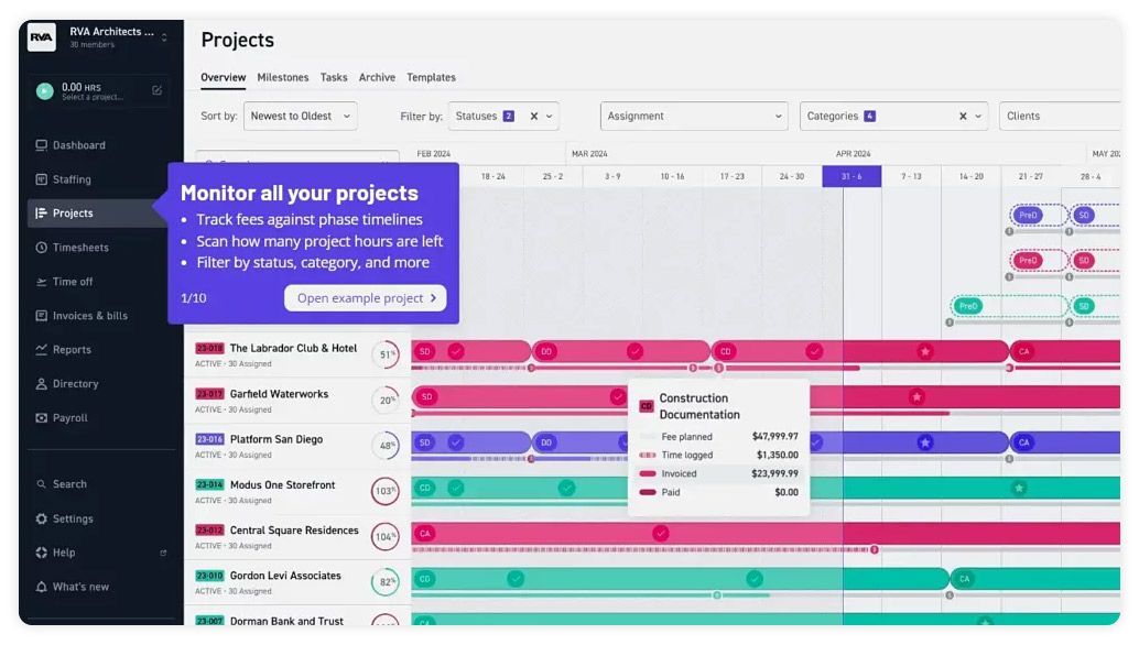 A project management dashboard displaying a timeline view with color-coded tasks and a status monitoring popup.