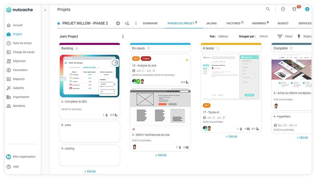 Kanban board interface showing project workflow stages with task cards and status indicators.