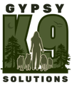 Logo: Silhouette of a person with dogs, within 