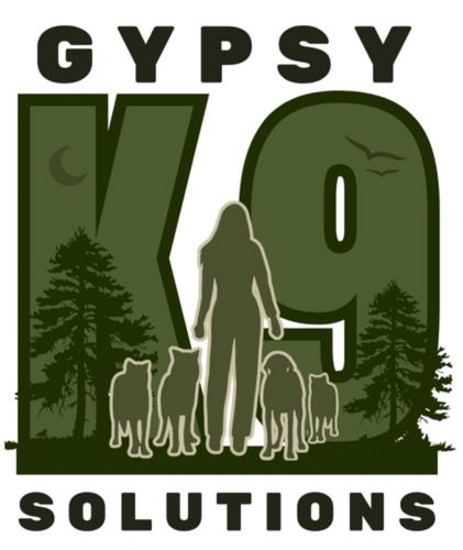 Logo: Silhouette of a person with dogs, within
