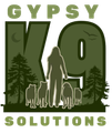 Logo: Silhouette of a person with five dogs, forest background, 