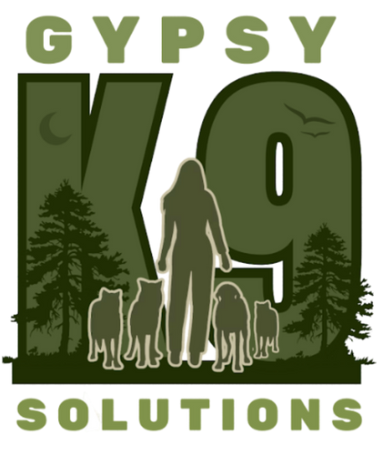 Logo: Silhouette of a person with five dogs, forest background,