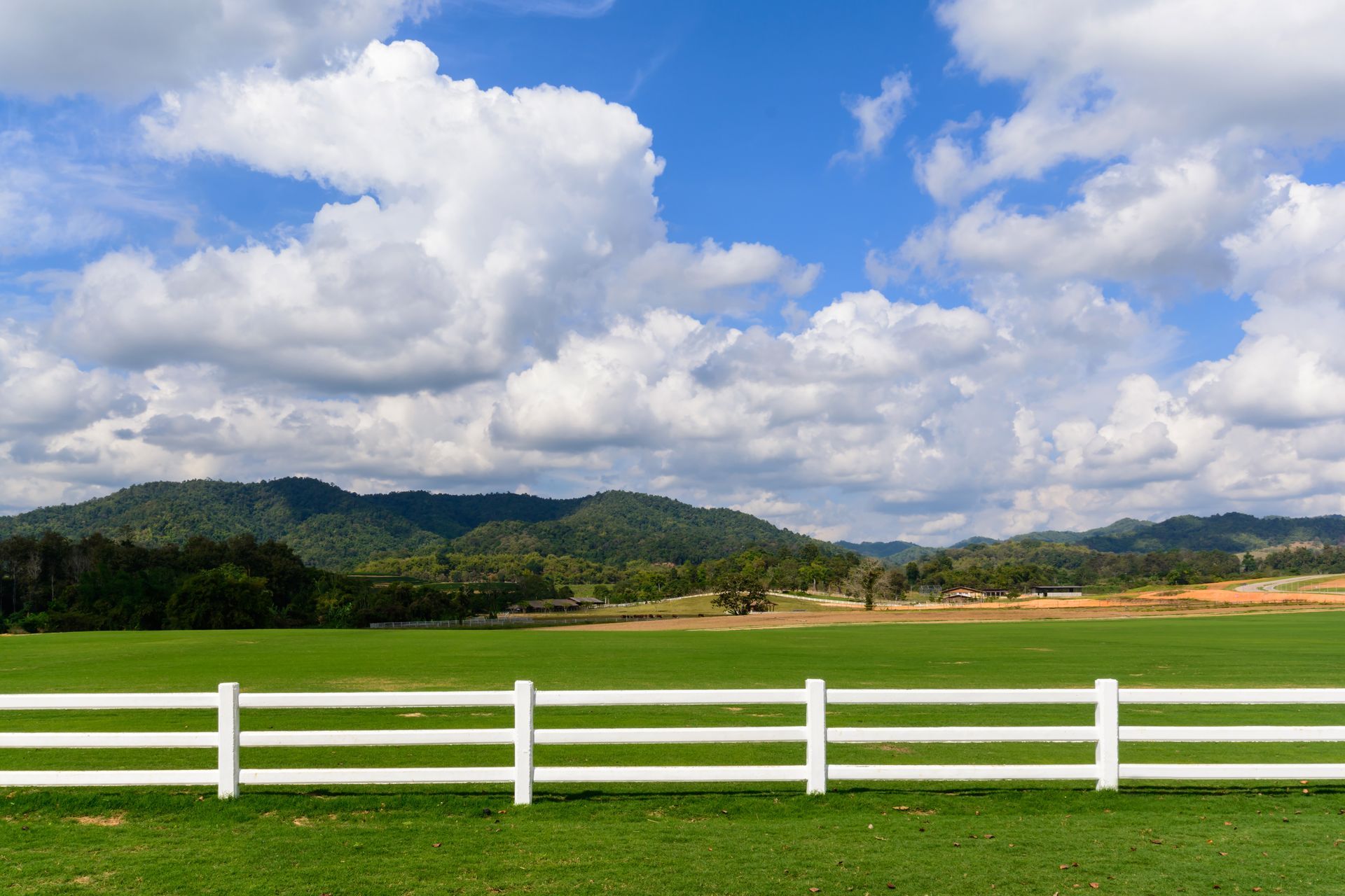 Green meadow with blue sky and white fence