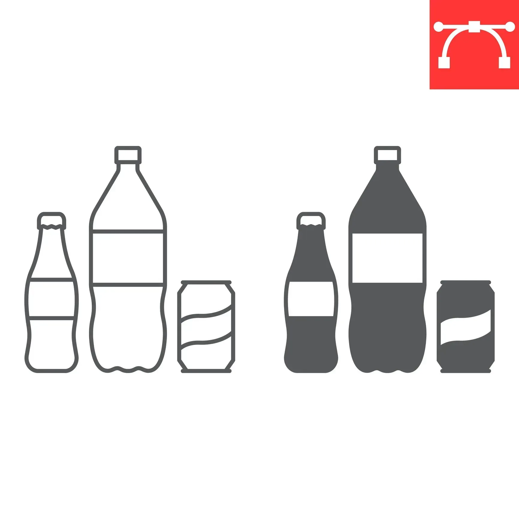 Outline and filled icons of soda bottles and a can.