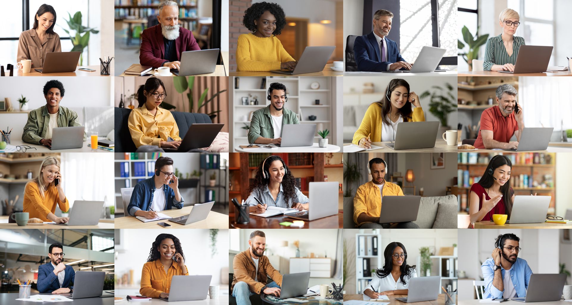 A collage of people sitting at desks with laptops.