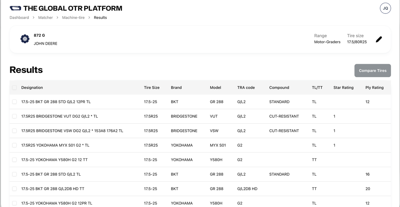The Global OTR Platform Tyre-Machine Matcher