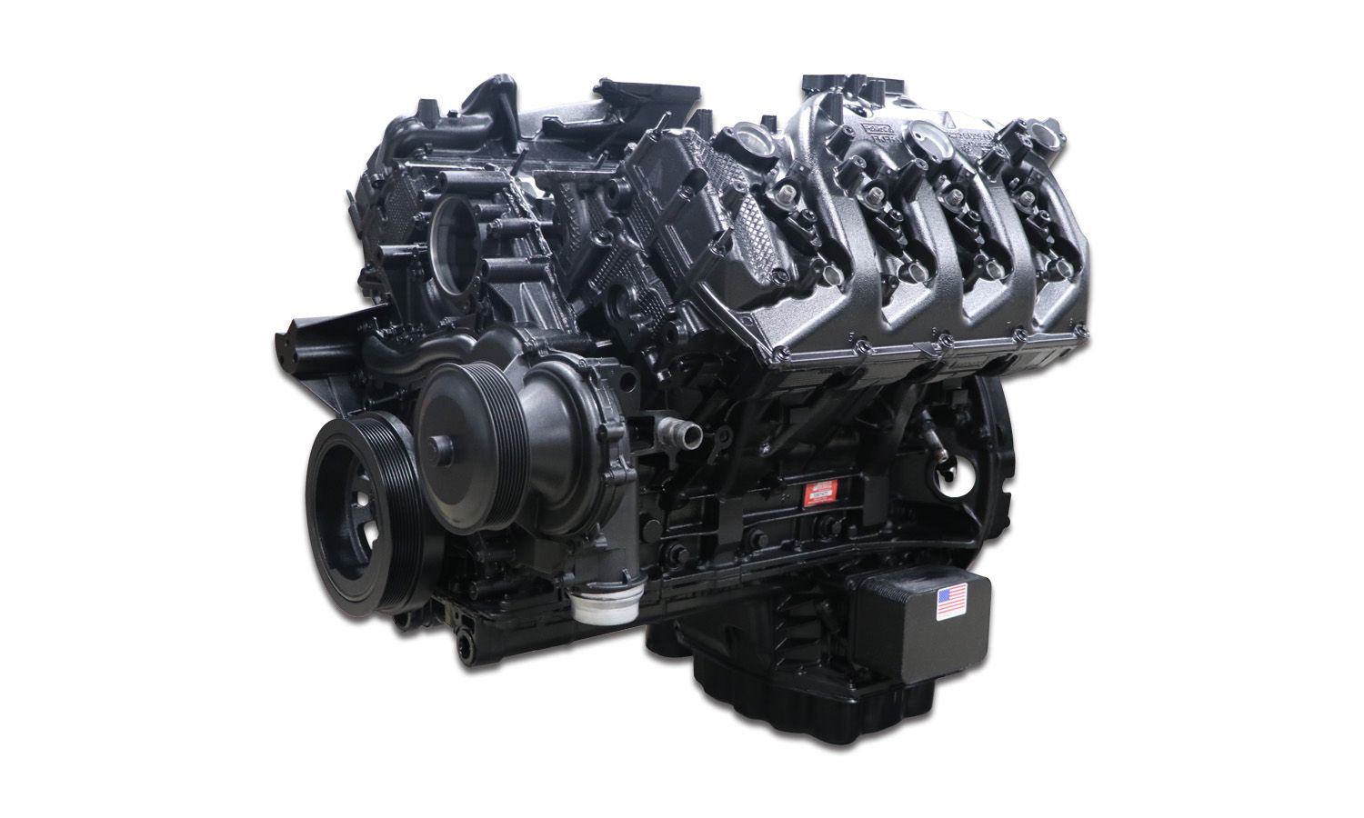 Black V8 engine on a white background, shown in side view