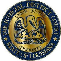 Circular seal of the 24th Judicial District Court of Louisiana, featuring a pelican in its nest and the state motto.