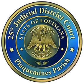 Seal of the 25th Judicial District Court, Plaquemines Parish, Louisiana, featuring the state pelican emblem in gold.
