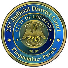 Seal of the 25th Judicial District Court, Plaquemines Parish, Louisiana, featuring the state pelican emblem in gold.