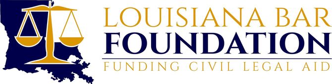 Logo for the Louisiana Bar Foundation featuring a gold scales of justice icon over a dark blue Louisiana state map.