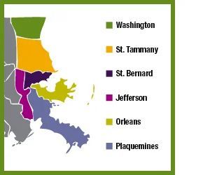 Map of Louisiana parishes: Washington (green), St. Tammany (orange), St. Bernard (purple), Jefferson (magenta), Orleans (yellow), Plaquemines (blue).