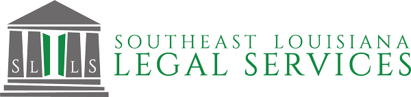 Logo for Southeast Louisiana Legal Services featuring a gray temple icon with green pillars and the organization's name.