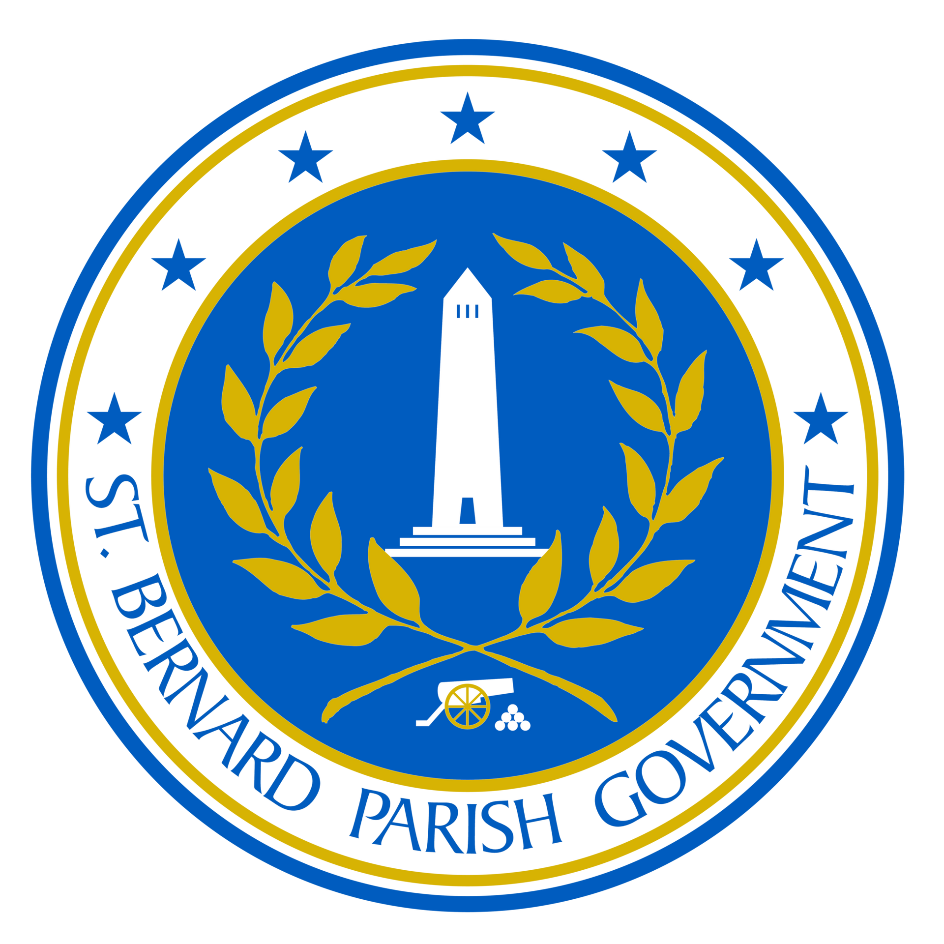 The circular St. Bernard Parish Government seal features a central white monument, golden laurel branches, and blue border.