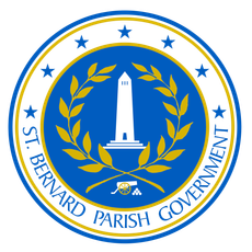 The circular St. Bernard Parish Government seal features a central white monument, golden laurel branches, and blue border.