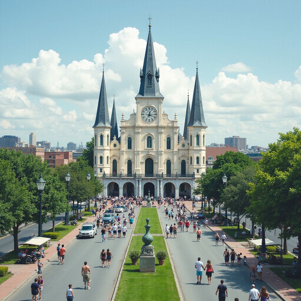 Jackson Square and St. Louis Cathedral in New Orleans, Louisiana. People walking along a central path towards the church. Sunny day.