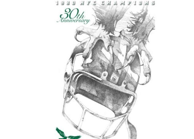 A drawing of a football helmet that says 30th anniversary