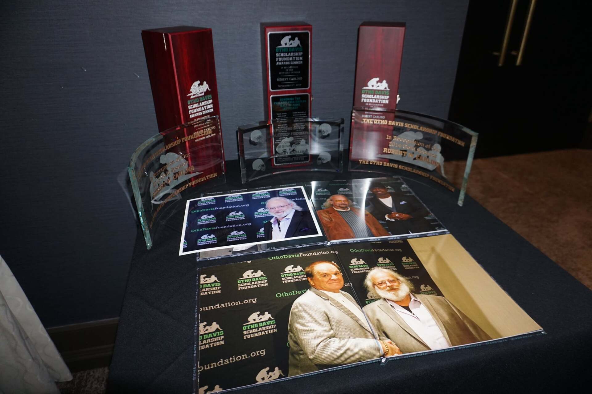 A table with a picture of two men on it