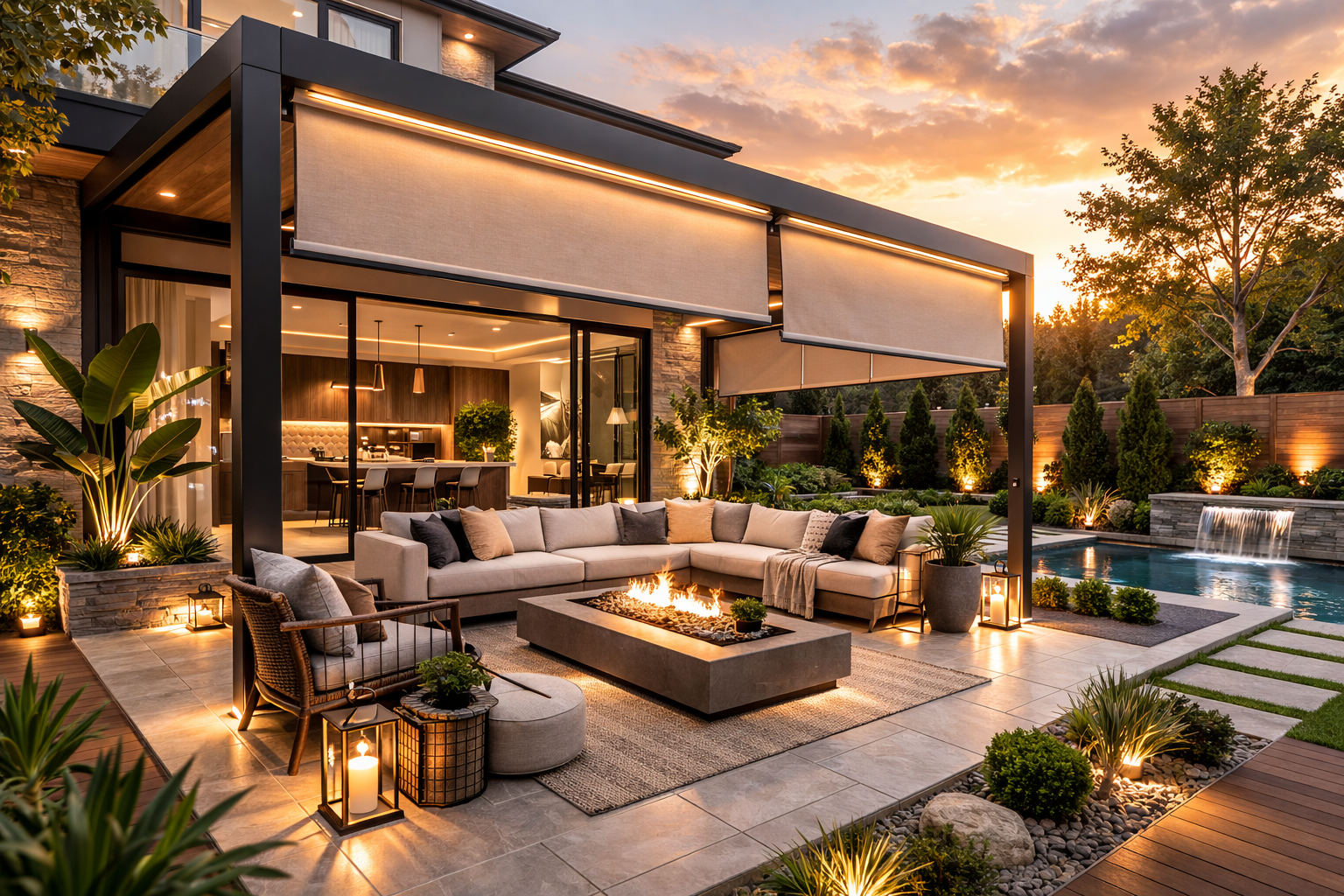A luxury outdoor patio at sunset with a modern fire pit, plush seating, pergola, and swimming pool in the background.