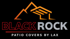 Logo for Black Rock Patio Covers by LAX featuring a stylized orange mountain and patio cover icon over the company name.