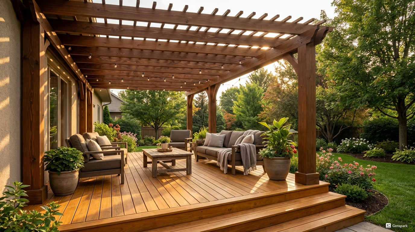 A wooden deck with a pergola, featuring outdoor seating and potted plants in a lush, green backyard.