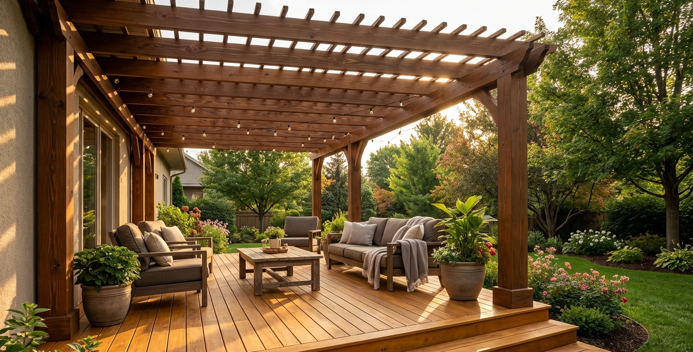 A sunlit wooden patio deck features a pergola, outdoor sofa, armchairs, coffee table, and potted plants in a green garden.