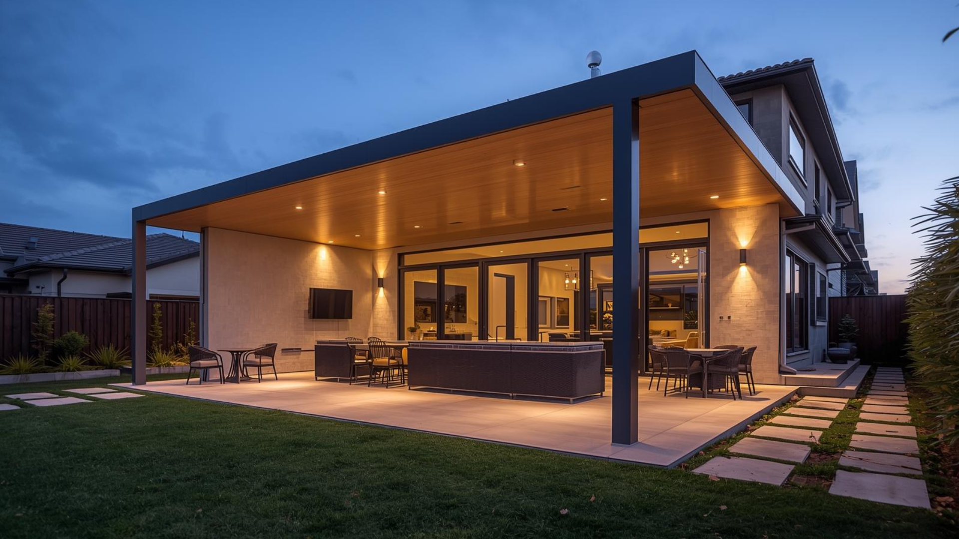 A modern patio at dusk with a covered outdoor seating area, featuring warm lighting, patio furniture, and a grassy lawn.