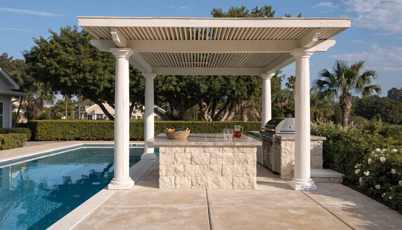 An outdoor kitchen with a stone island and grill sits under a white pergola next to a swimming pool on a sunny day.
