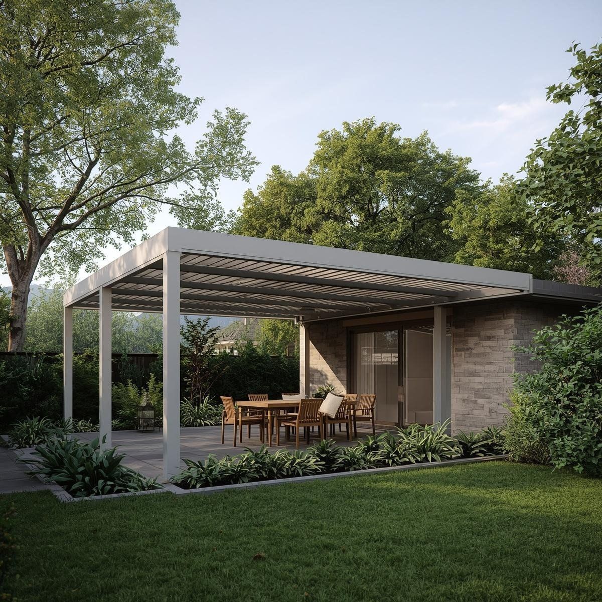 A stone patio with a modern, louvered pergola covering a dining set, set against a small building in a lush garden.