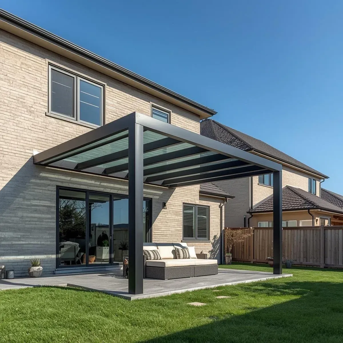 A modern black pergola with a glass roof attached to a brick house, shading an outdoor couch on a stone patio.