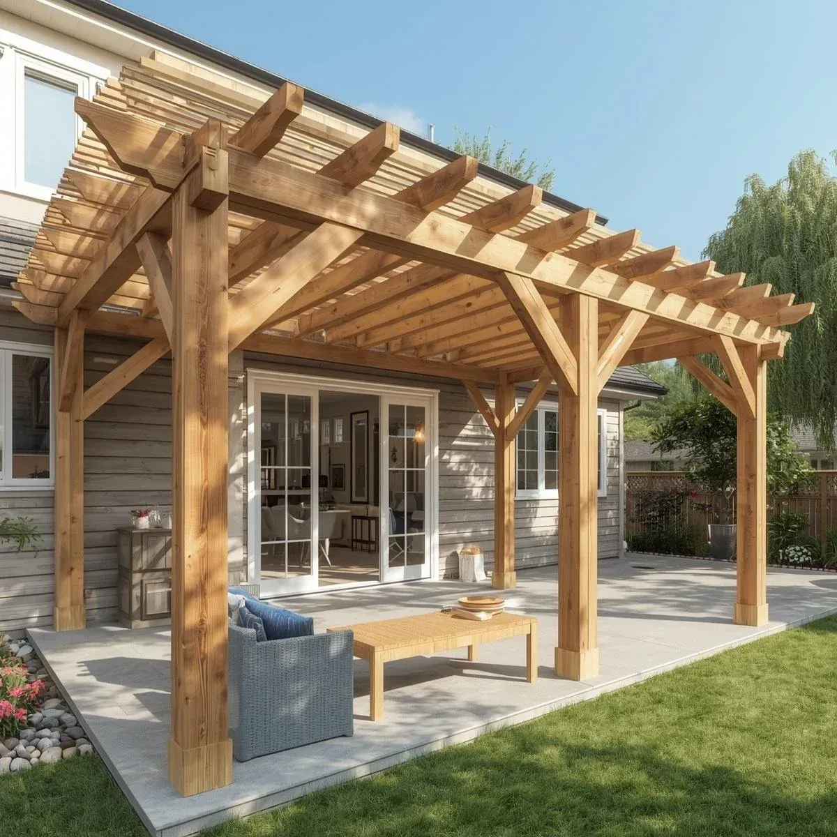 A wooden pergola attached to a light-colored house over a patio with a small sofa and table.