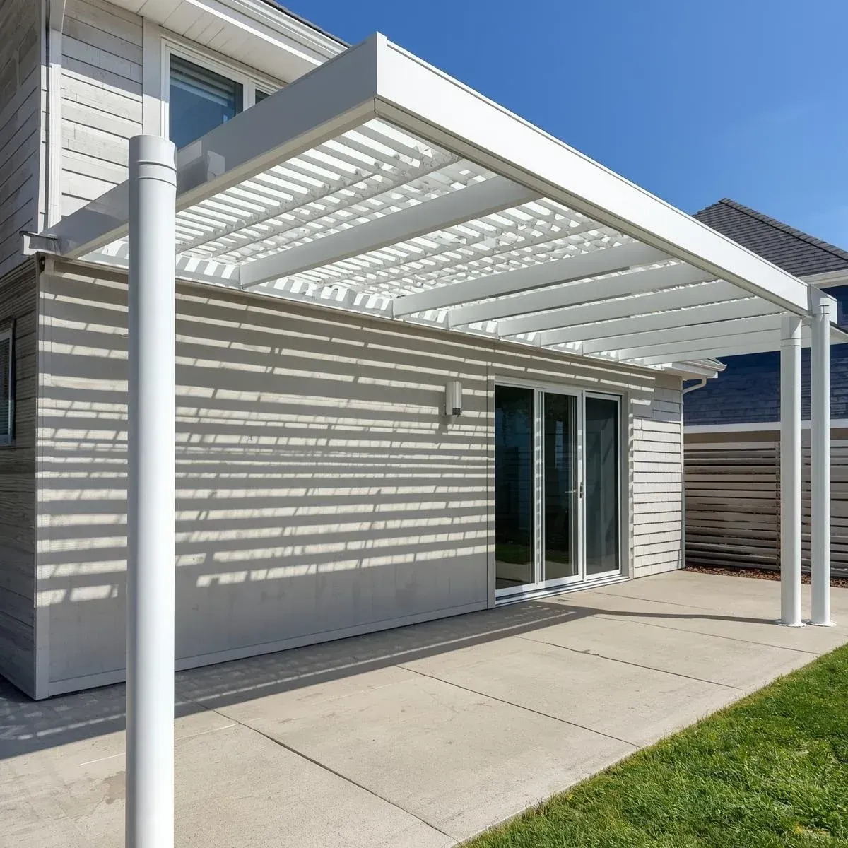 A white patio cover with a slatted roof is attached to the side of a house, shading a concrete patio and a glass door.