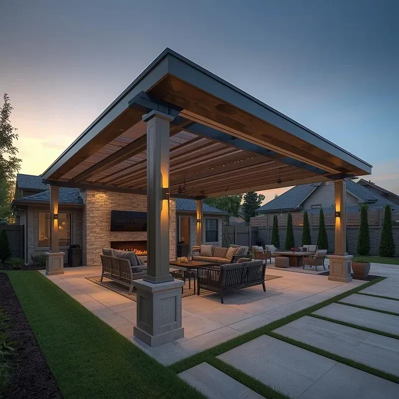 A modern outdoor patio at dusk, featuring a large wooden pergola, stone fireplace, and comfortable seating area.