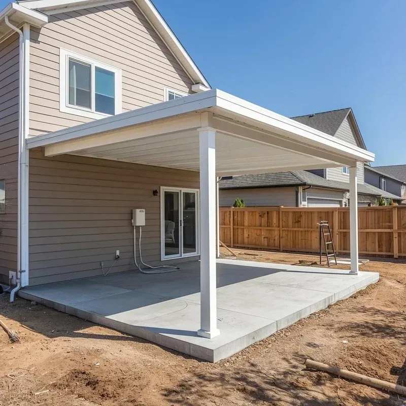 A beige two-story house features a white-covered back patio with a concrete slab and a single white support column.