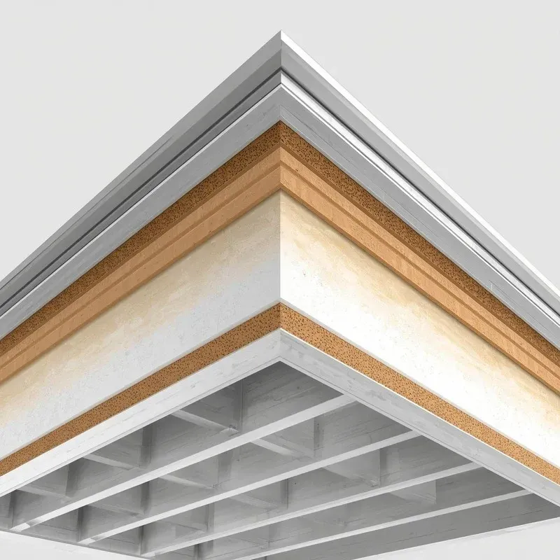 A cross-section diagram of a flat roof assembly showing layered insulation, roofing materials, and internal grid framing.
