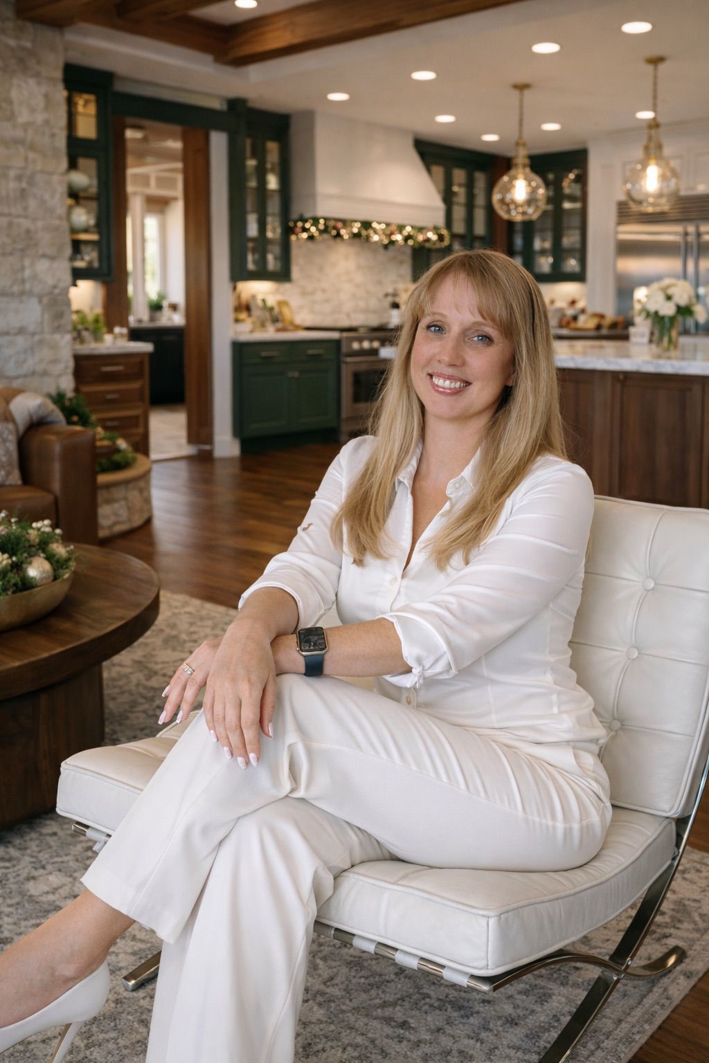 A woman, Katie Burns, is sitting in a chair and a high end kitchen is viewable behind her