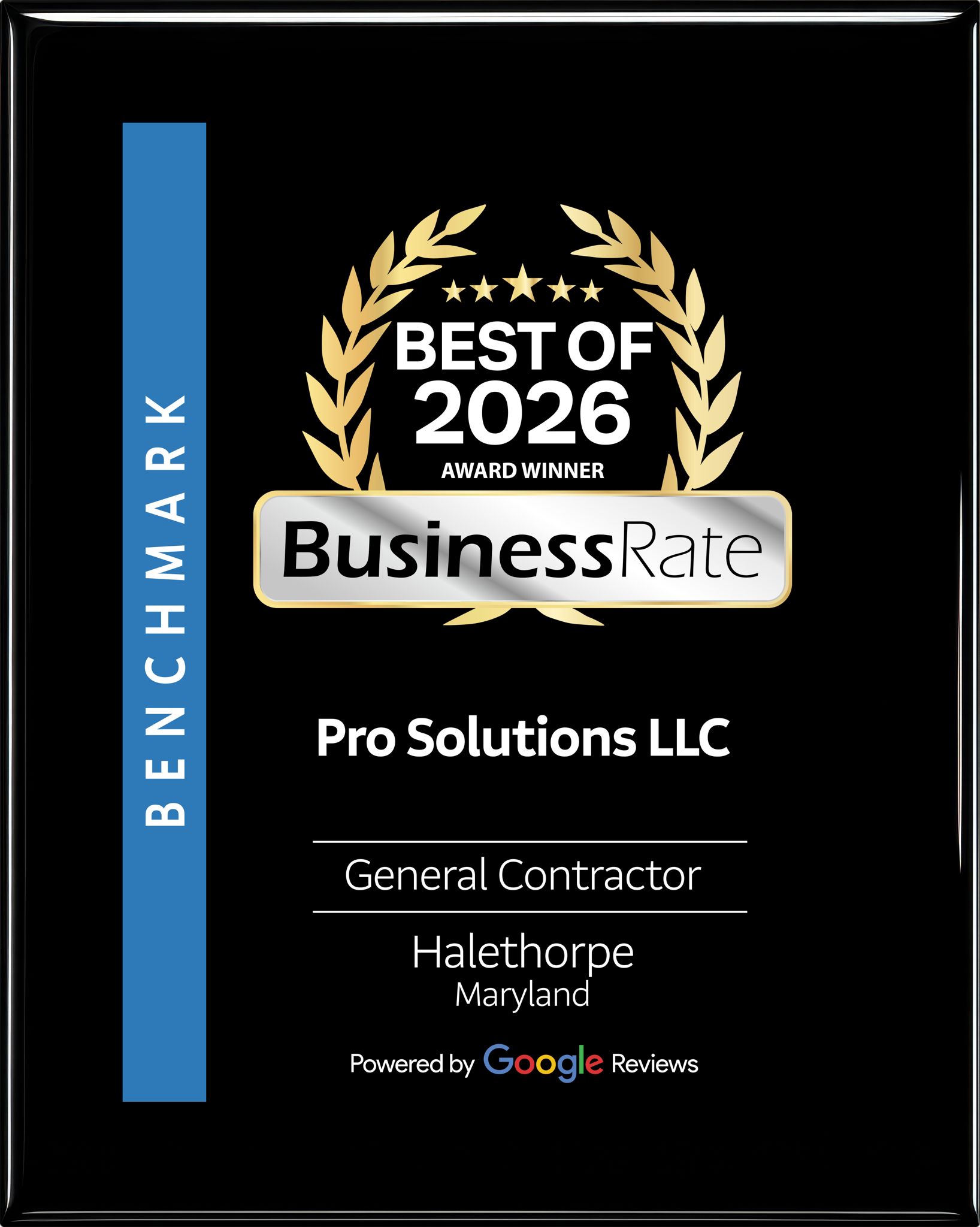 Black business award plaque with gold “Best of 2026” laurel and vertical blue “Benchmark” strip
