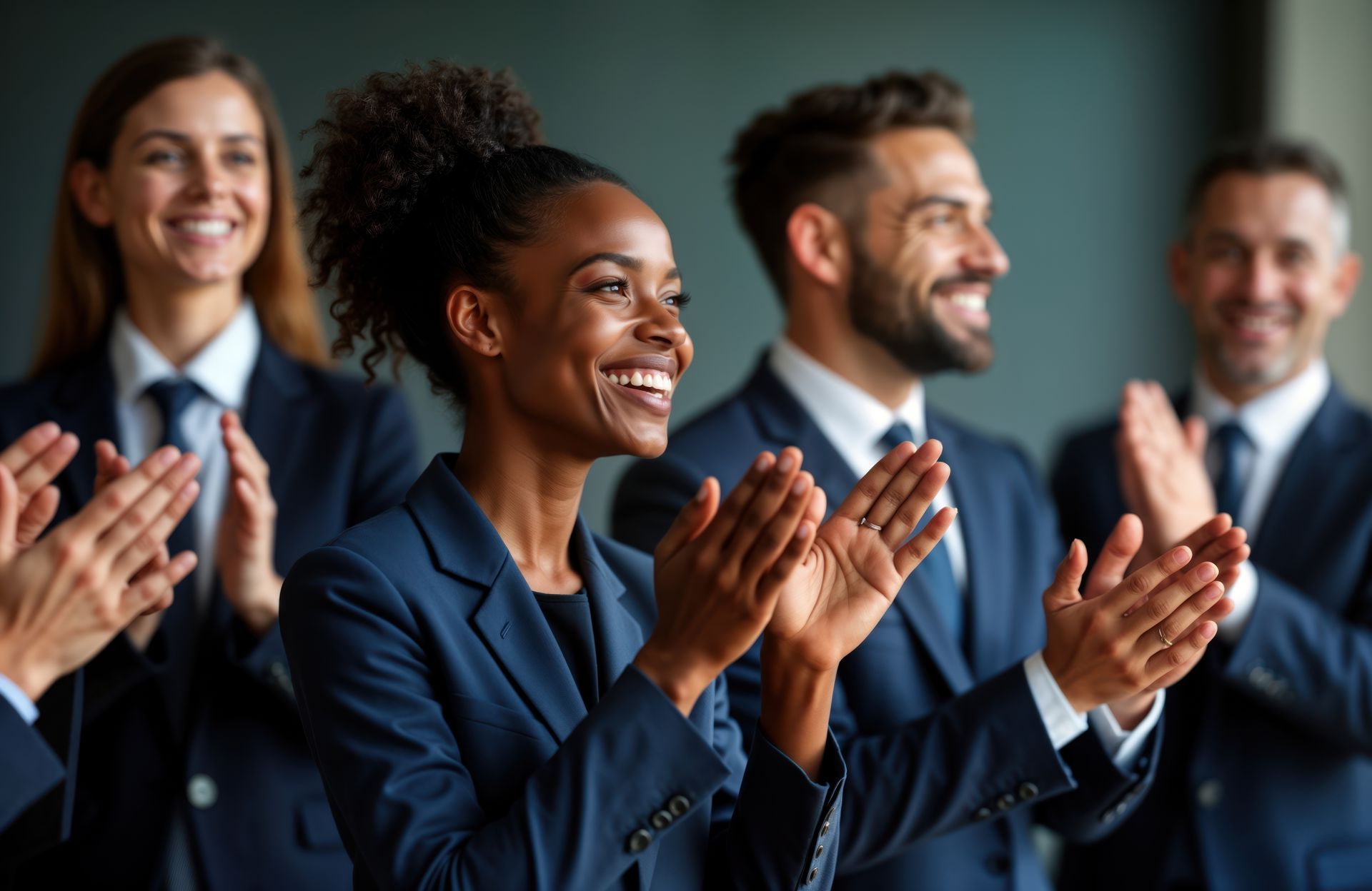 A group of people in suits are clapping and smiling