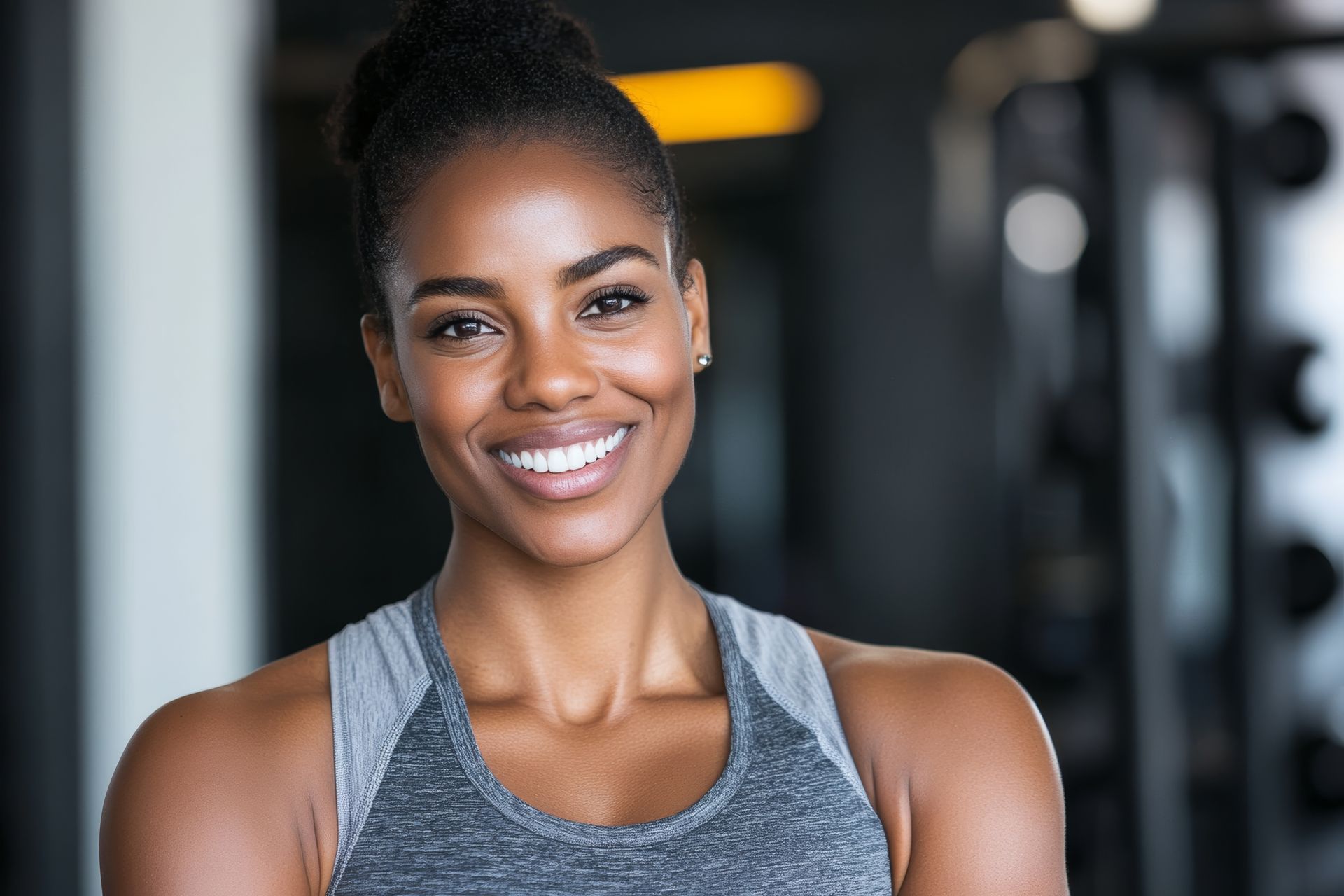 A woman is smiling in a gym and looking at the camera.